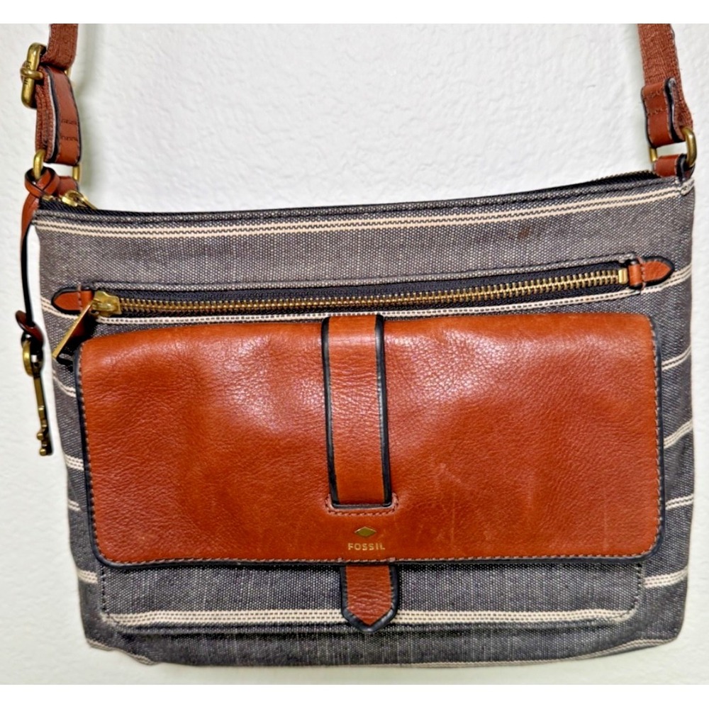 Fossil Kinley Bohemian Gray Stripes Crossbody Bag Purse Handbag Tan Leather